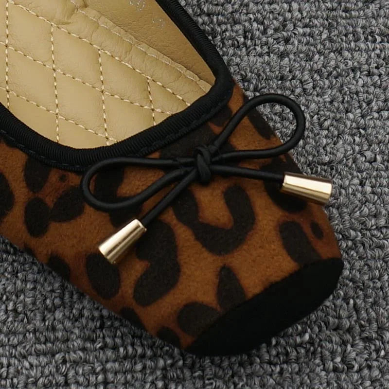 Women's Leopard Print Ballet Flats with Bow Detail
