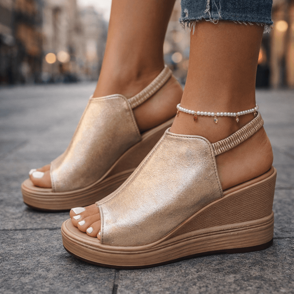 Women's Metallic Wedge Sandals with Open Toe Design