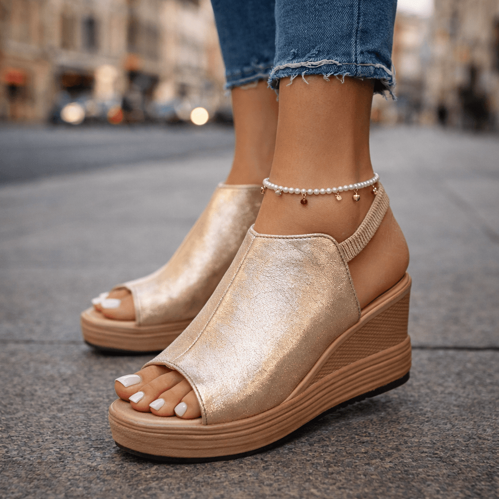 Women's Metallic Wedge Sandals with Open Toe Design