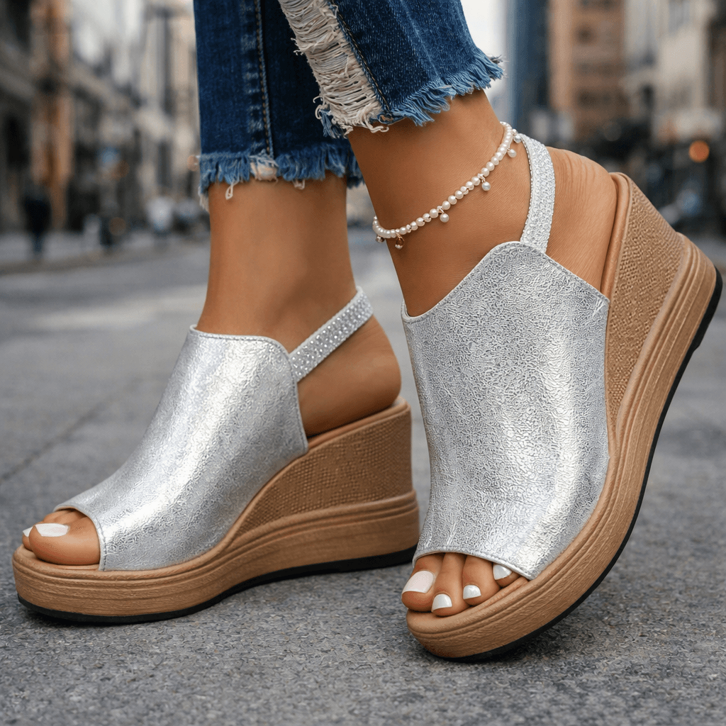 Women's Metallic Wedge Sandals with Open Toe Design