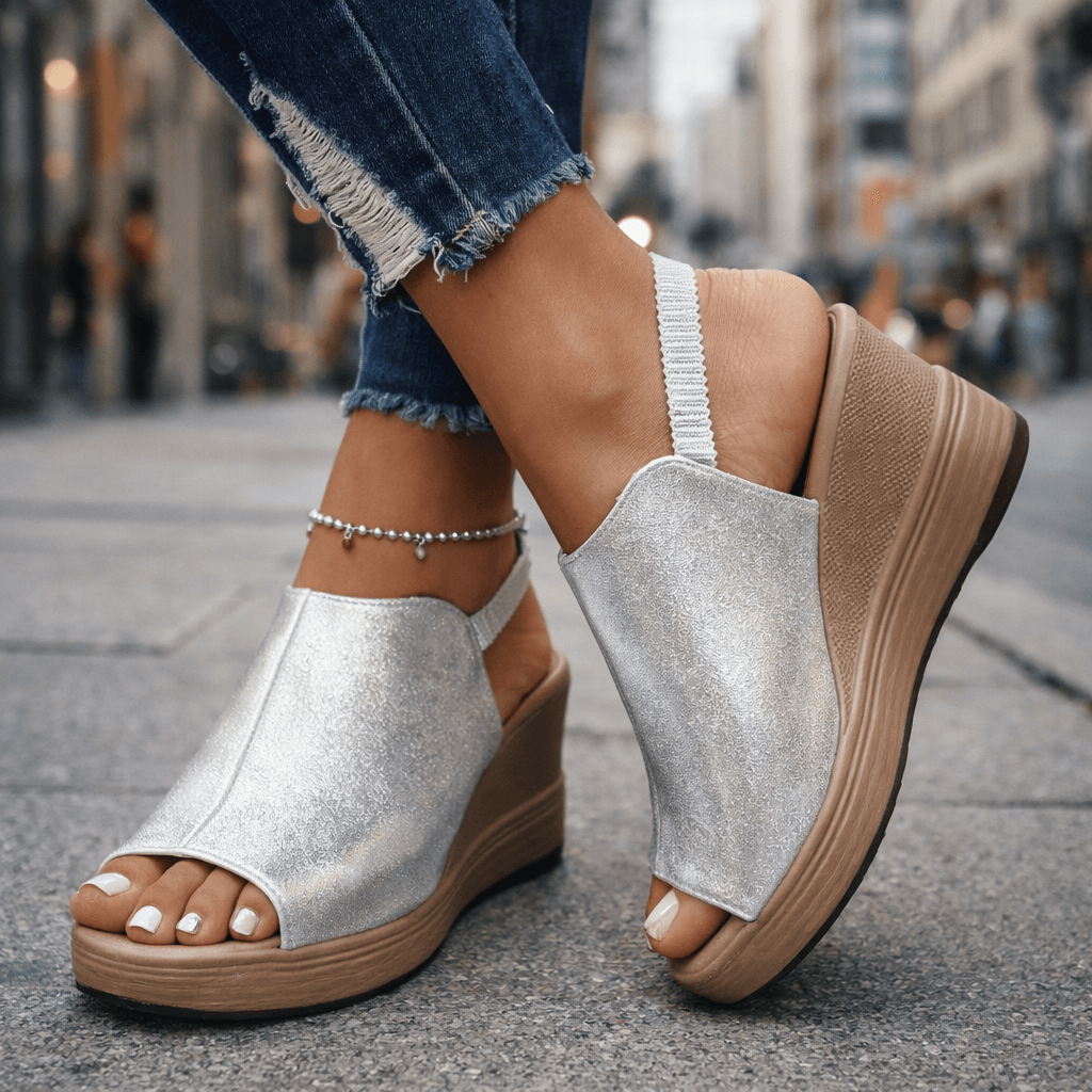 Women's Metallic Wedge Sandals with Open Toe Design