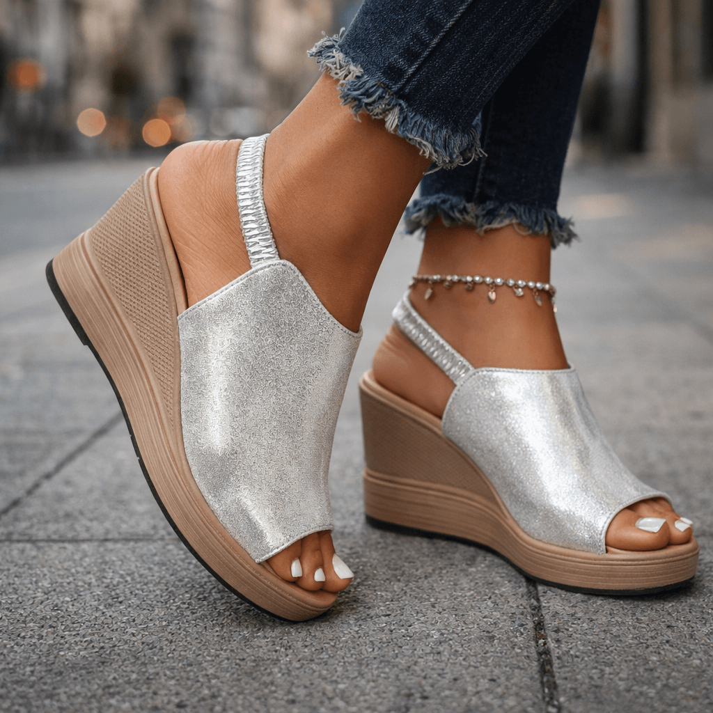 Women's Metallic Wedge Sandals with Open Toe Design