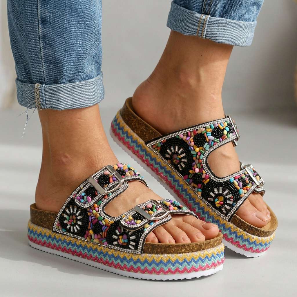 Women's Mosaic Platform Slides with Adjustable Buckle Straps