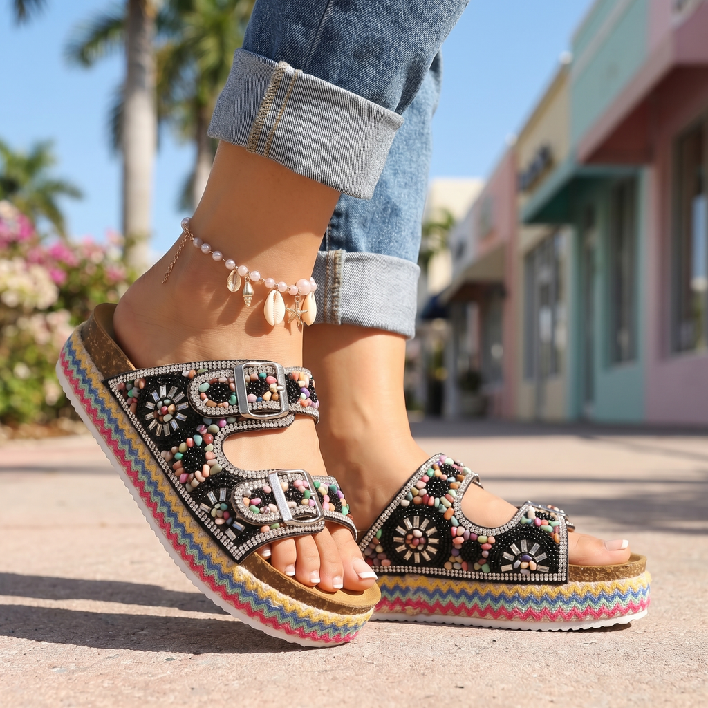 Women's Mosaic Platform Slides with Adjustable Buckle Straps
