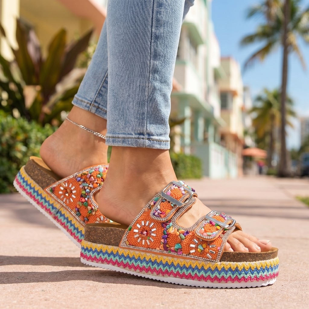 Women's Mosaic Platform Slides with Adjustable Buckle Straps