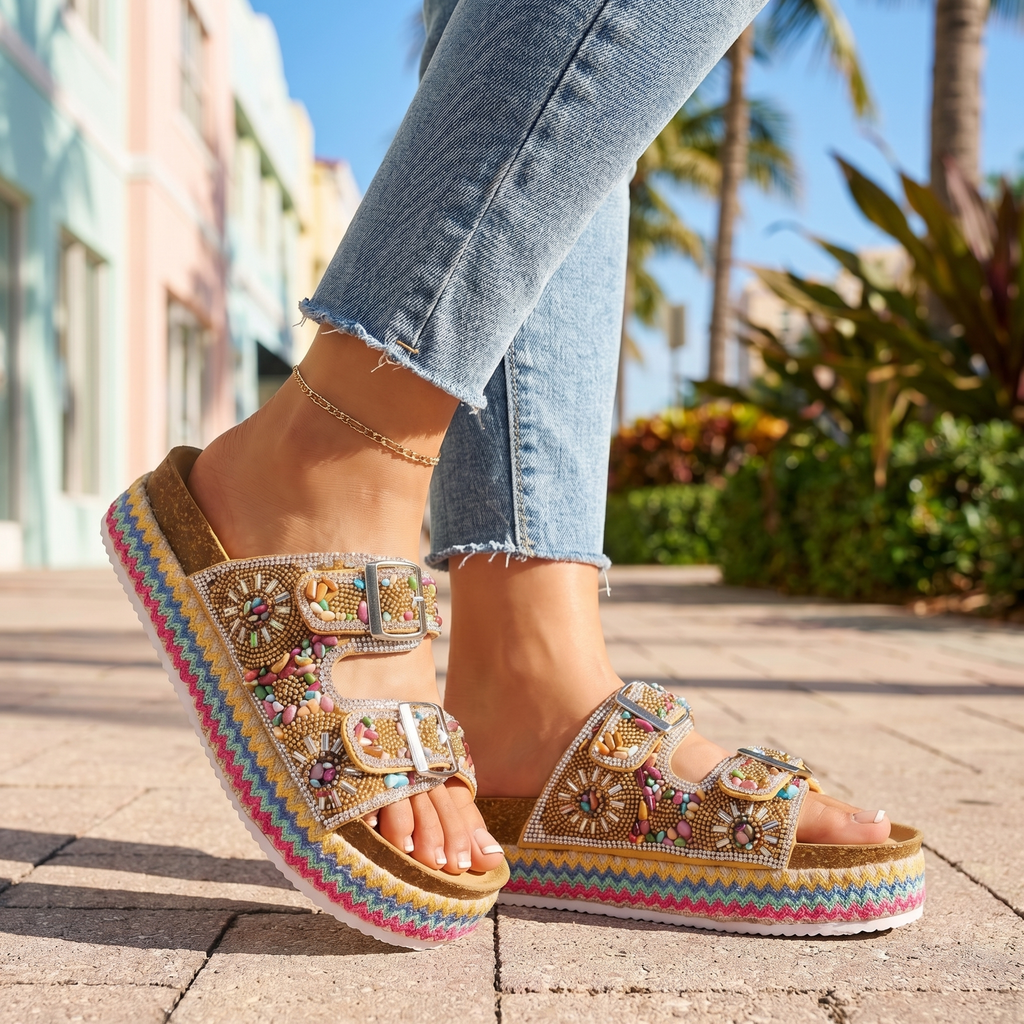 Women's Mosaic Platform Slides with Adjustable Buckle Straps