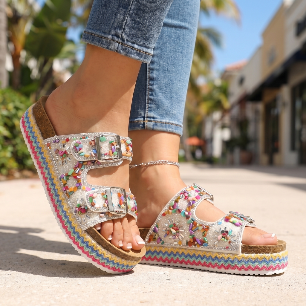 Women's Mosaic Platform Slides with Adjustable Buckle Straps