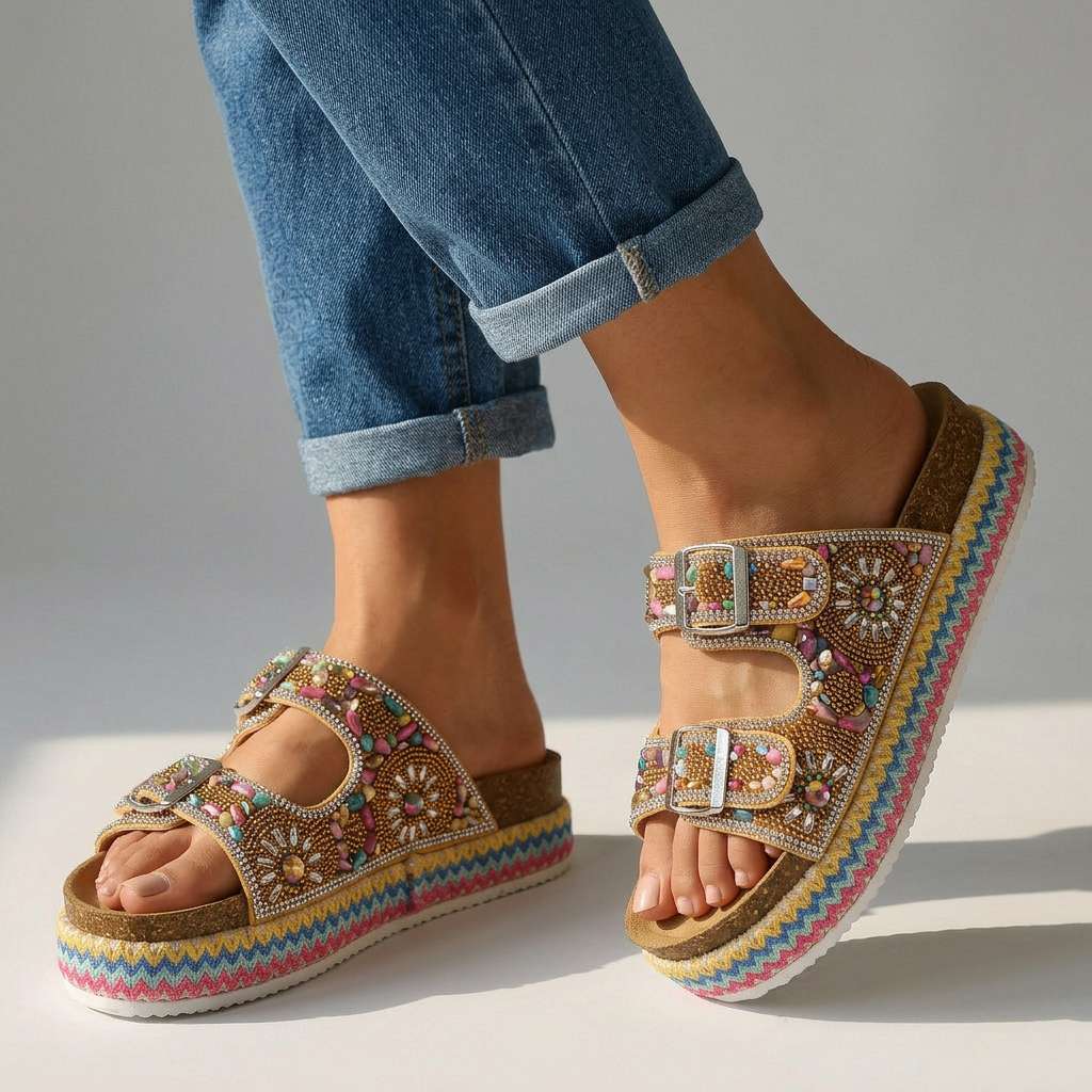 Women's Mosaic Platform Slides with Adjustable Buckle Straps