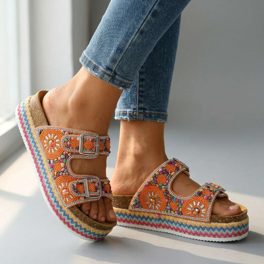 Women's Mosaic Platform Slides with Adjustable Buckle Straps