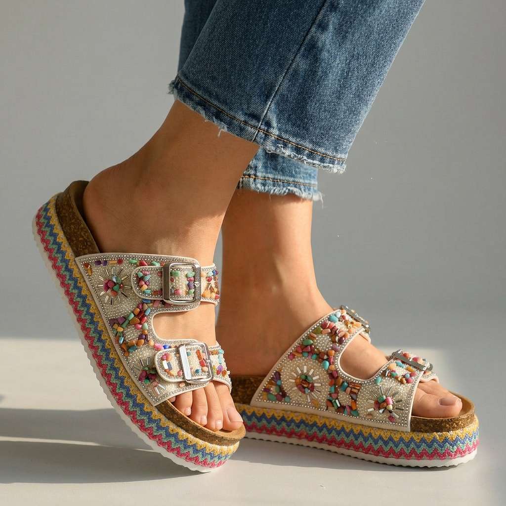 Women's Mosaic Platform Slides with Adjustable Buckle Straps