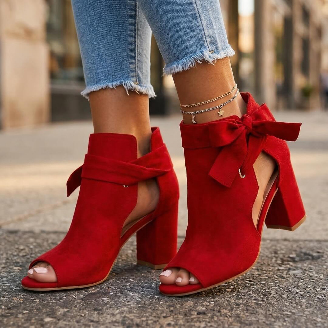 Women's Open Toe Heeled Sandals with Chunky Heel and Bow Detail