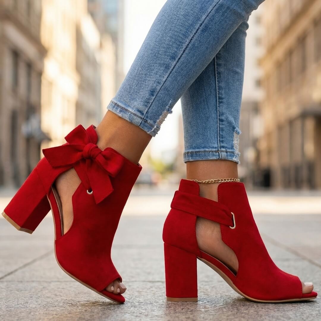 Women's Open Toe Heeled Sandals with Chunky Heel and Bow Detail