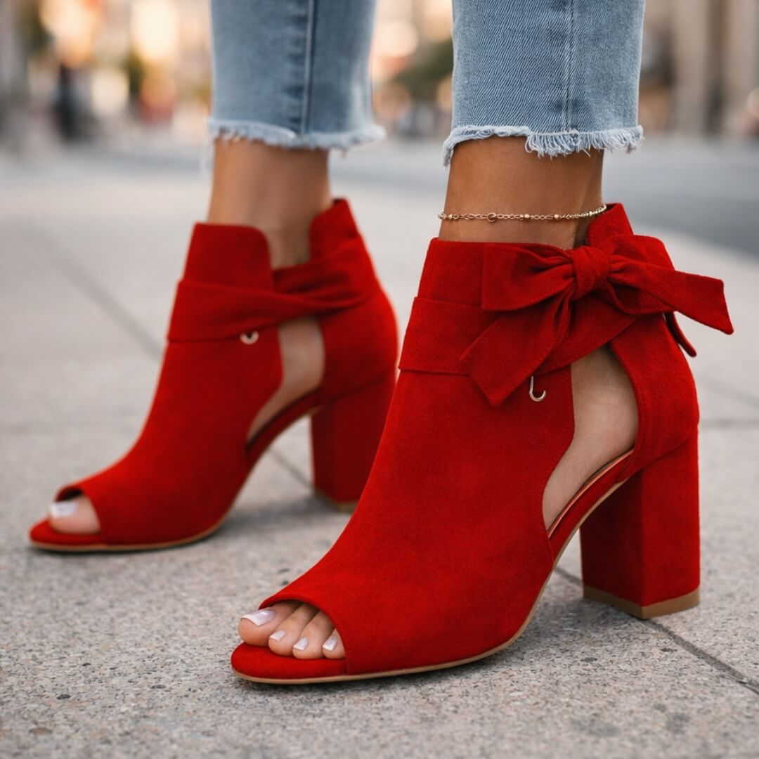 Women's Open Toe Heeled Sandals with Chunky Heel and Bow Detail