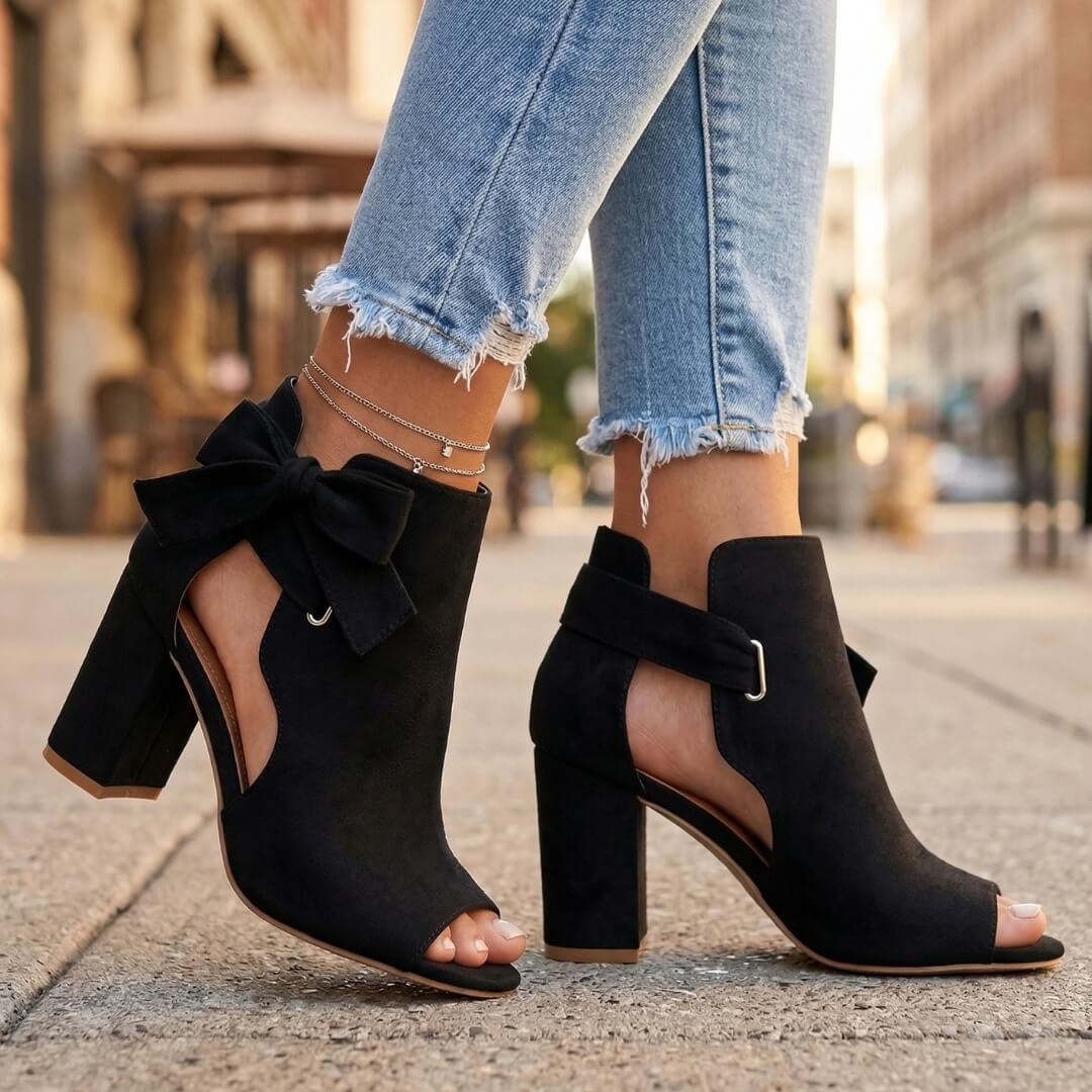 Women's Open Toe Heeled Sandals with Chunky Heel and Bow Detail