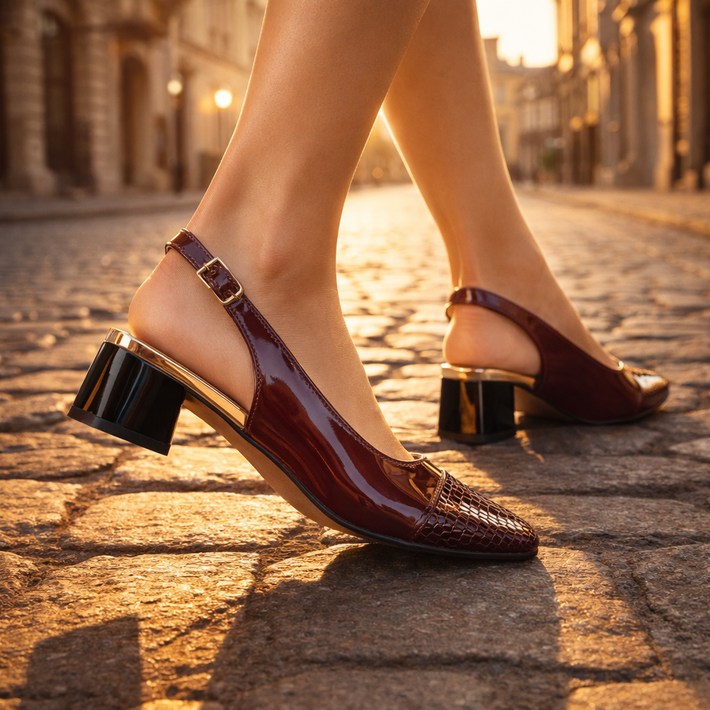Women's Patent Slingback Block Heel Court Shoes