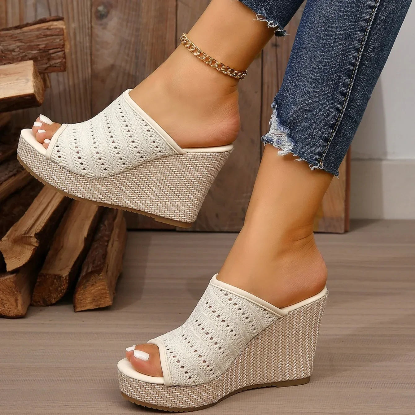 Women's Perforated Wedge Sandals with Open Toe Design