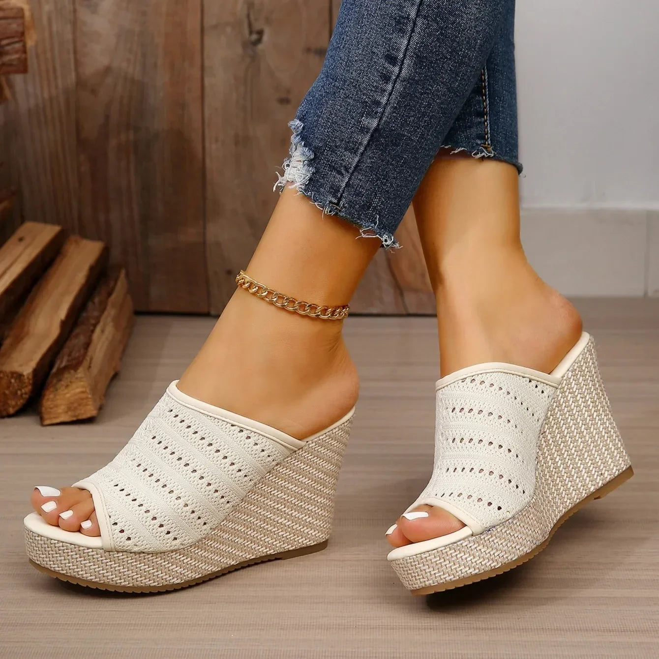 Women's Perforated Wedge Sandals with Open Toe Design
