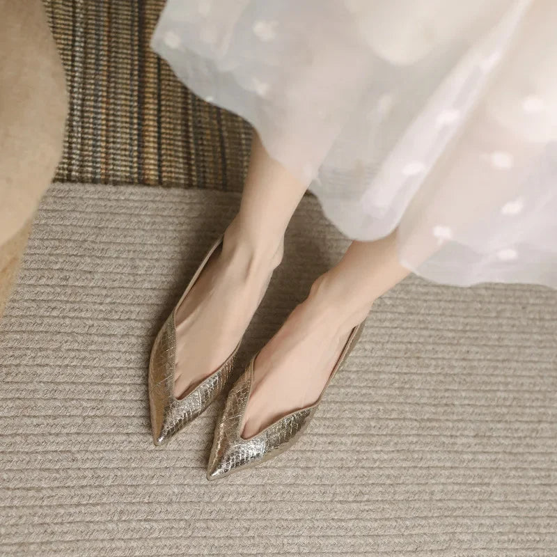 Women's Pointed Toe Ballet Flats with Faux Leather Upper
