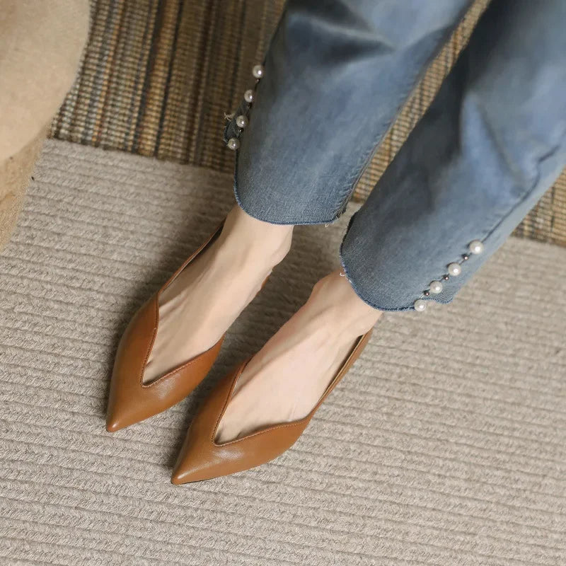 Women's Pointed Toe Ballet Flats with Faux Leather Upper