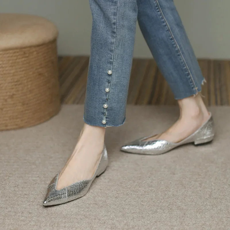 Women's Pointed Toe Ballet Flats with Faux Leather Upper