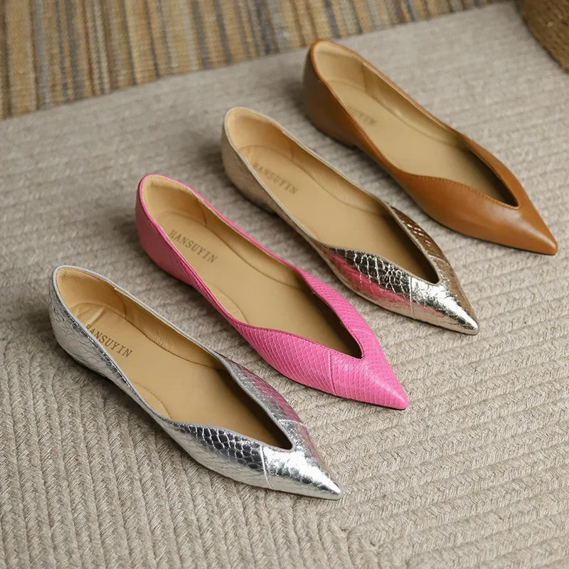 Women's Pointed Toe Ballet Flats with Faux Leather Upper