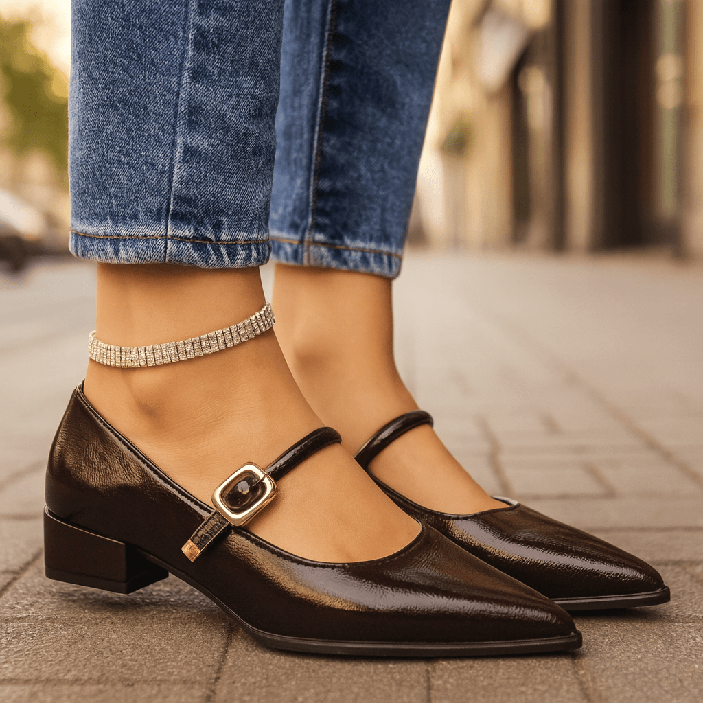 Women's Pointed Toe Block Heels with Adjustable Buckle Strap