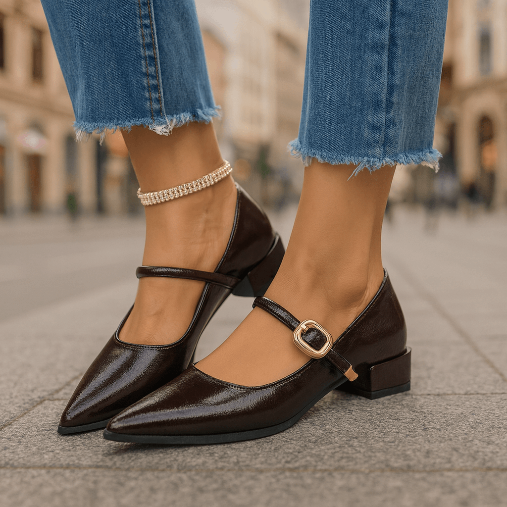 Women's Pointed Toe Block Heels with Adjustable Buckle Strap
