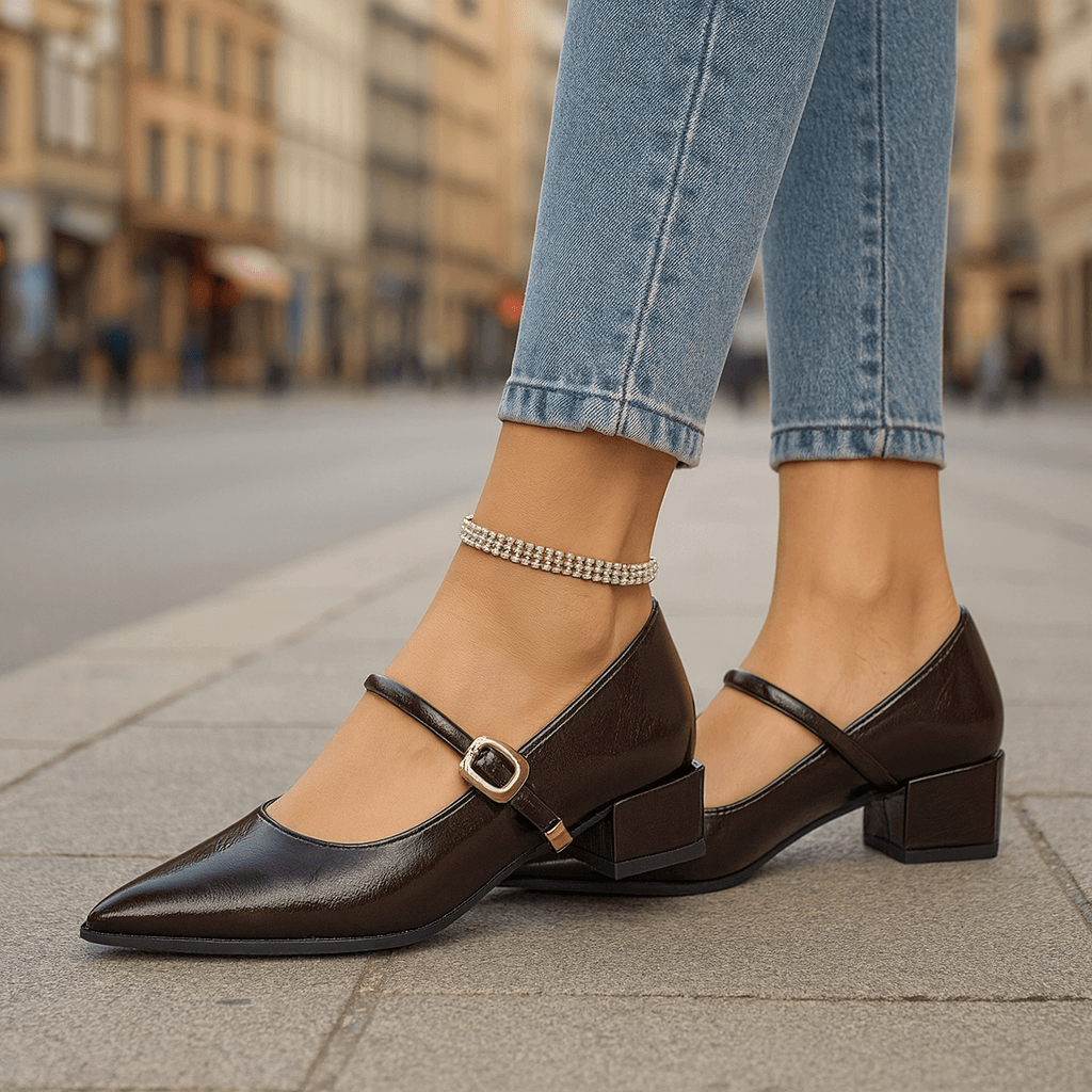 Women's Pointed Toe Block Heels with Adjustable Buckle Strap