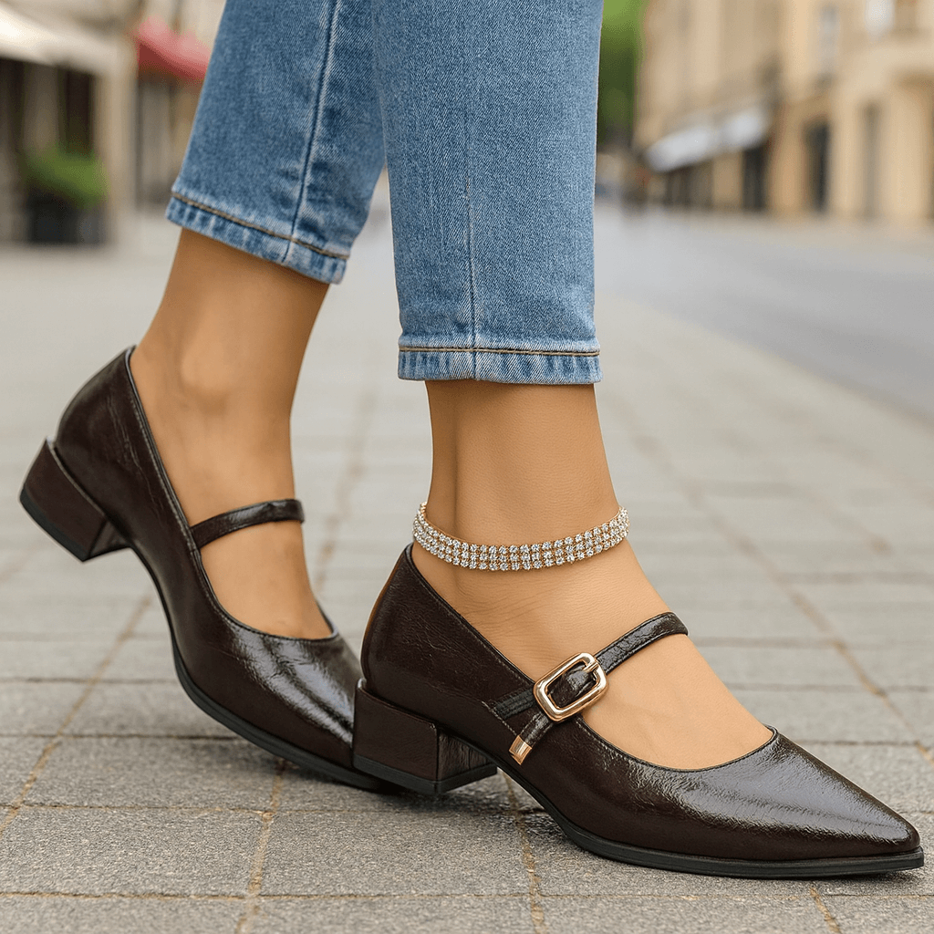 Women's Pointed Toe Block Heels with Adjustable Buckle Strap