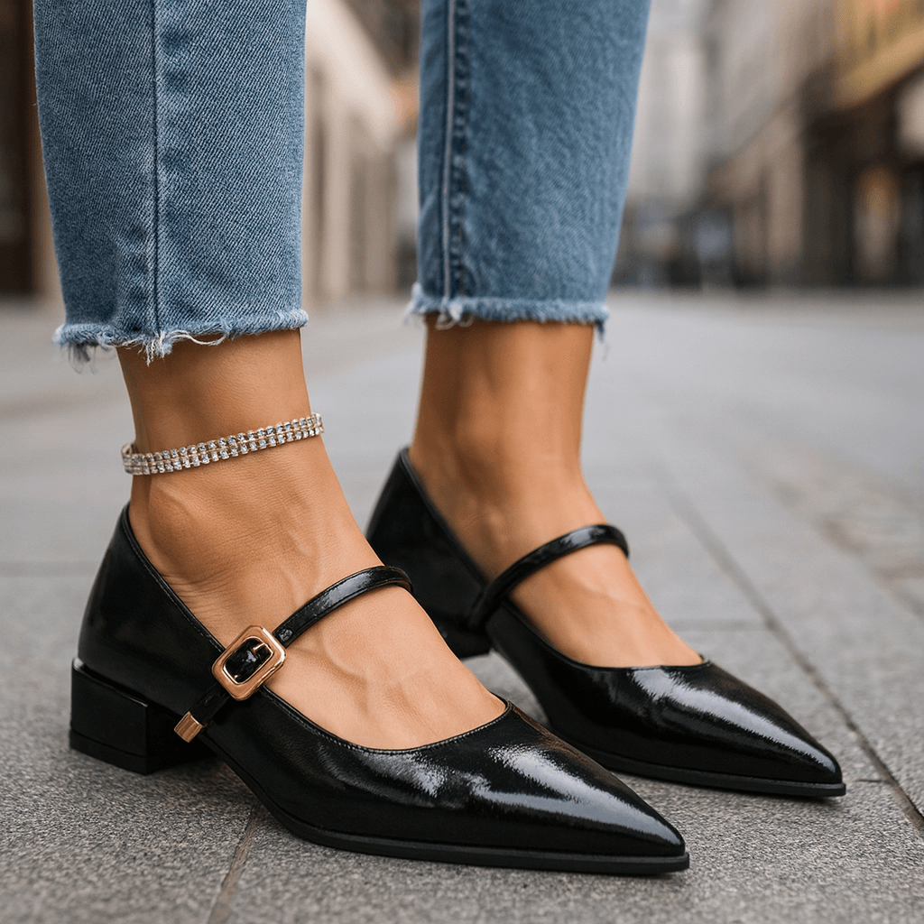 Women's Pointed Toe Block Heels with Adjustable Buckle Strap