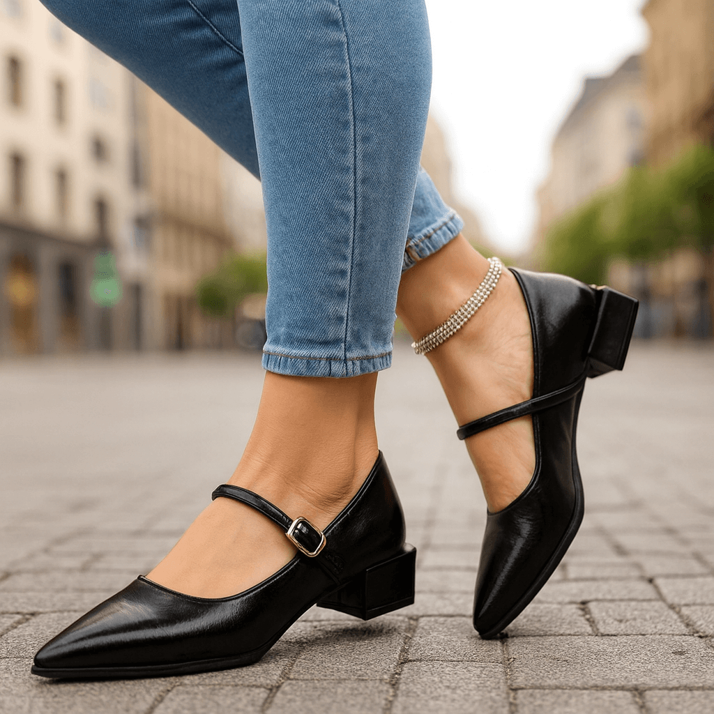 Women's Pointed Toe Block Heels with Adjustable Buckle Strap