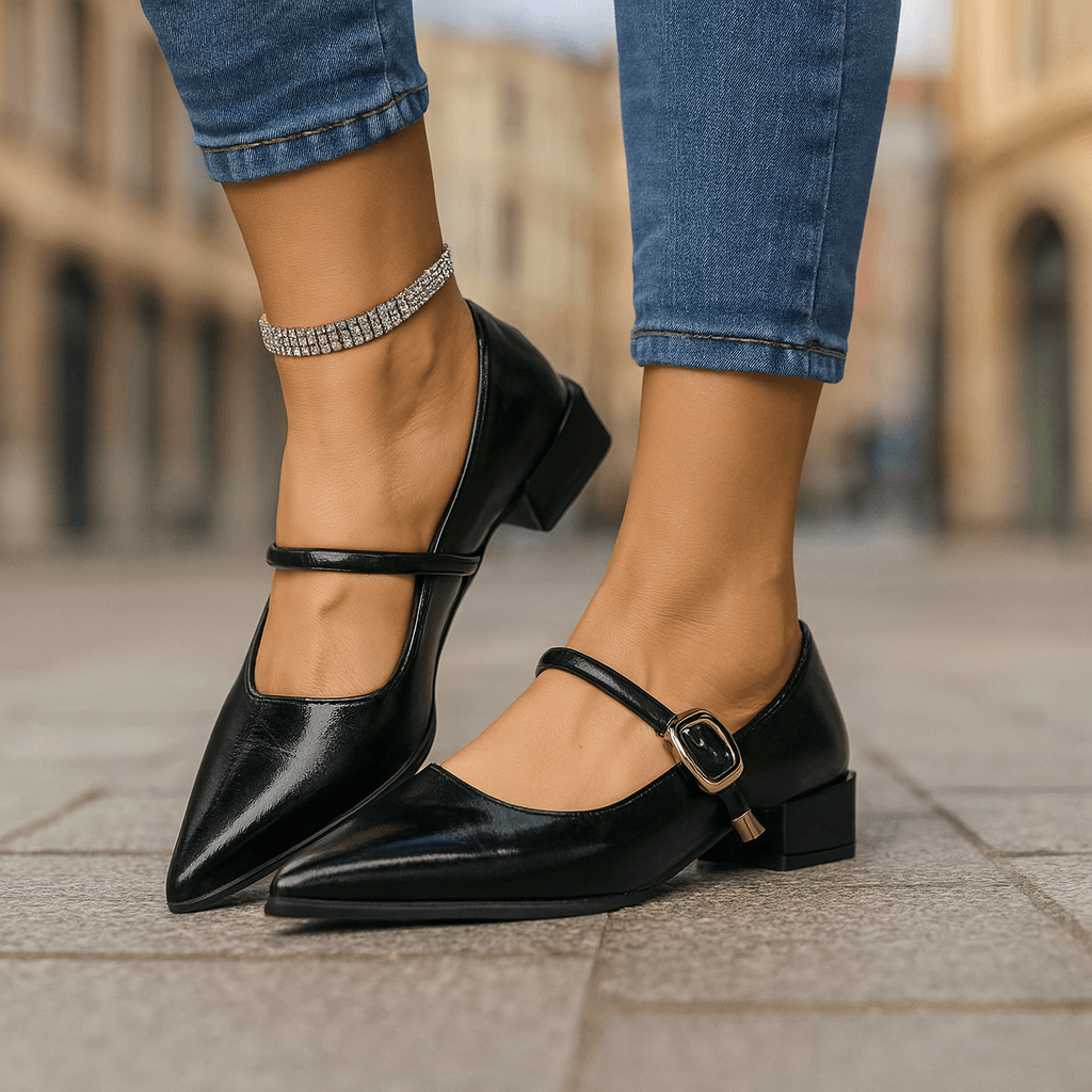Women's Pointed Toe Block Heels with Adjustable Buckle Strap