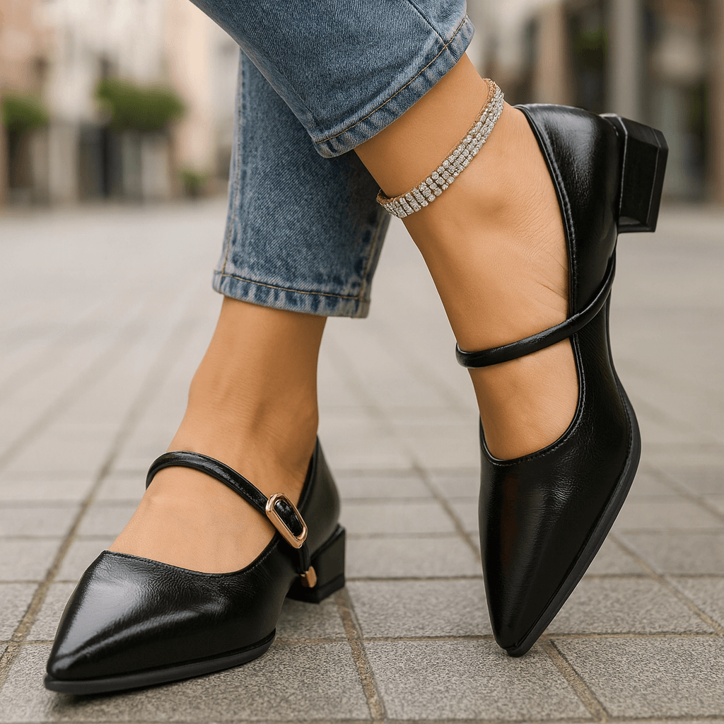 Women's Pointed Toe Block Heels with Adjustable Buckle Strap