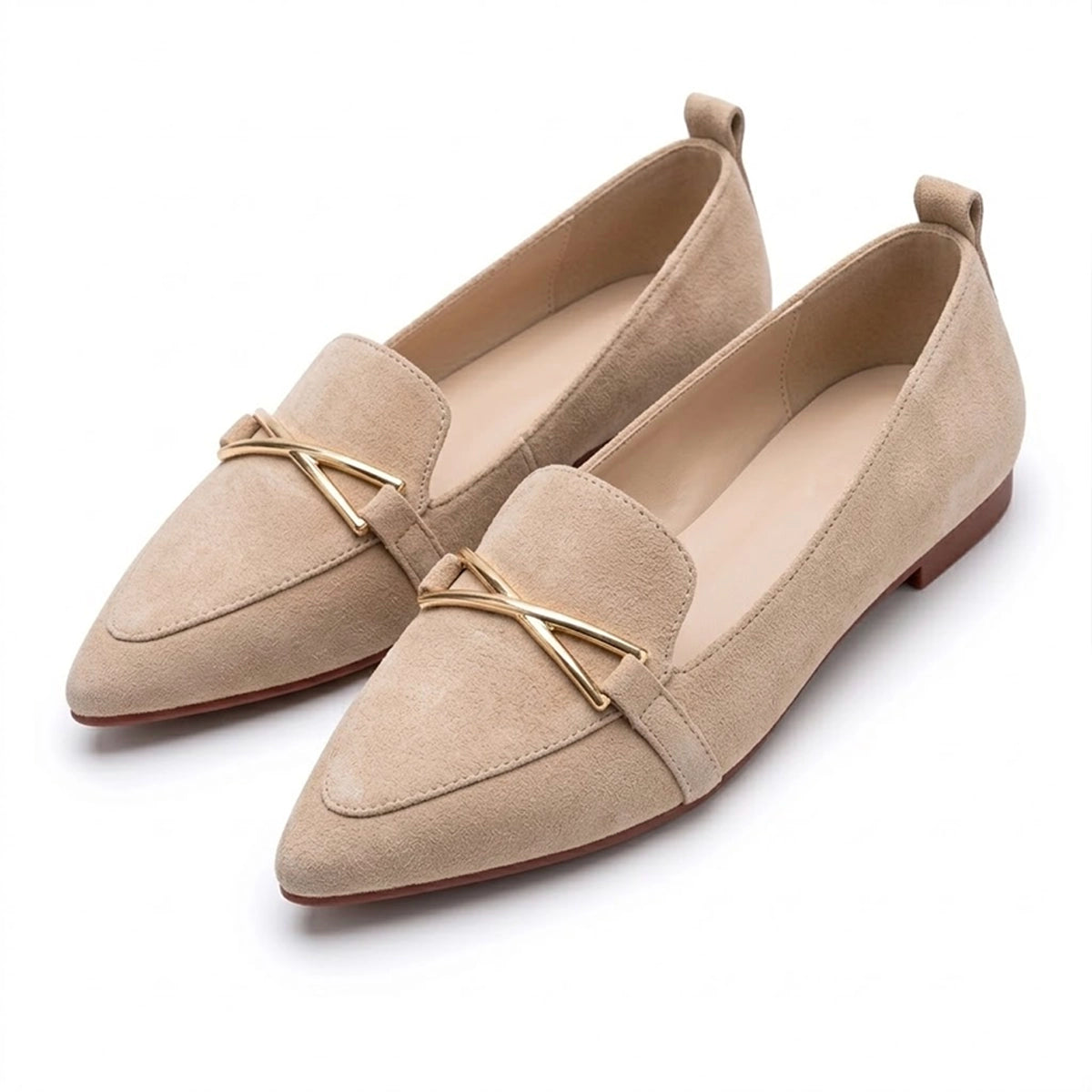 Women's Pointed Toe Flat Shoes with Metallic Crossbar Detail
