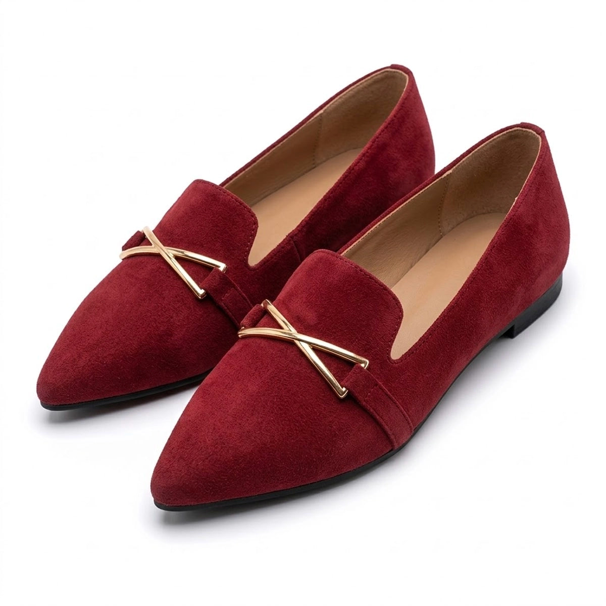 Women's Pointed Toe Flat Shoes with Metallic Crossbar Detail