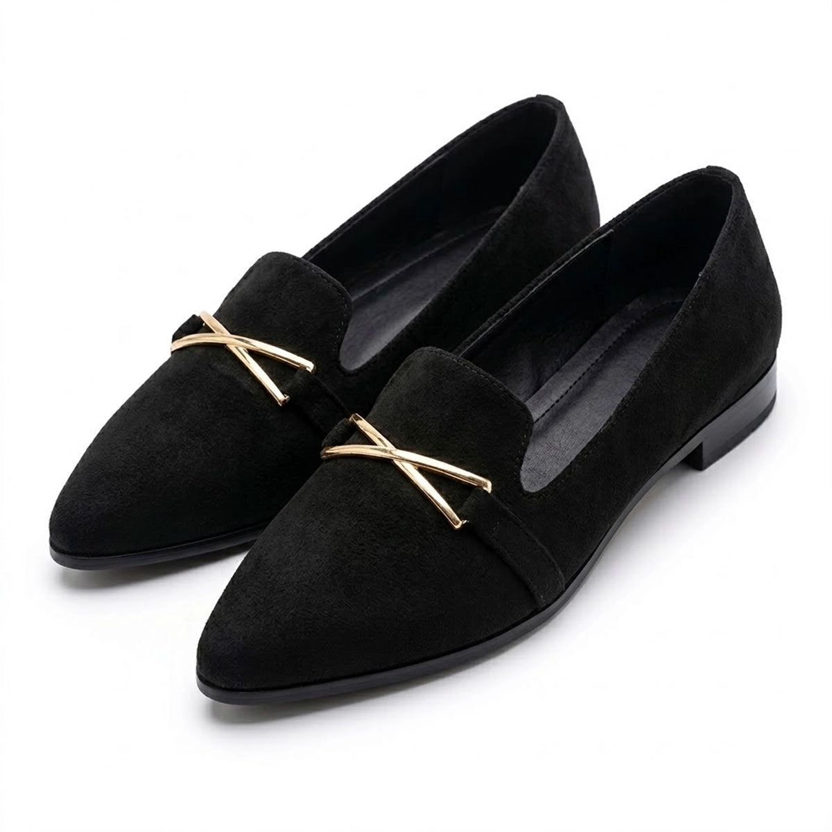 Women's Pointed Toe Flat Shoes with Metallic Crossbar Detail