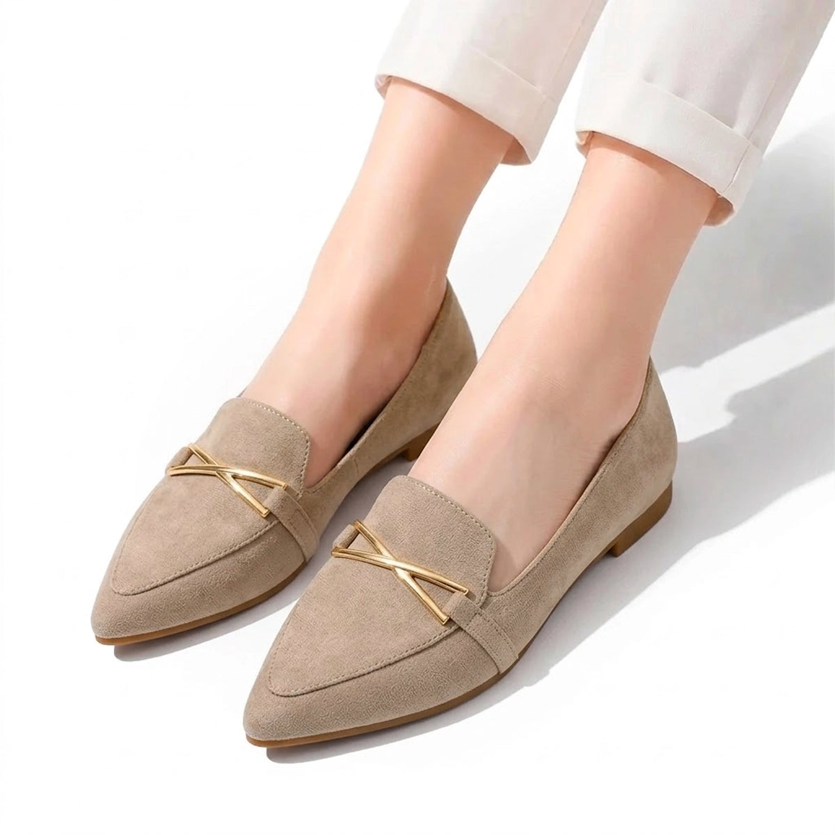 Women's Pointed Toe Flat Shoes with Metallic Crossbar Detail