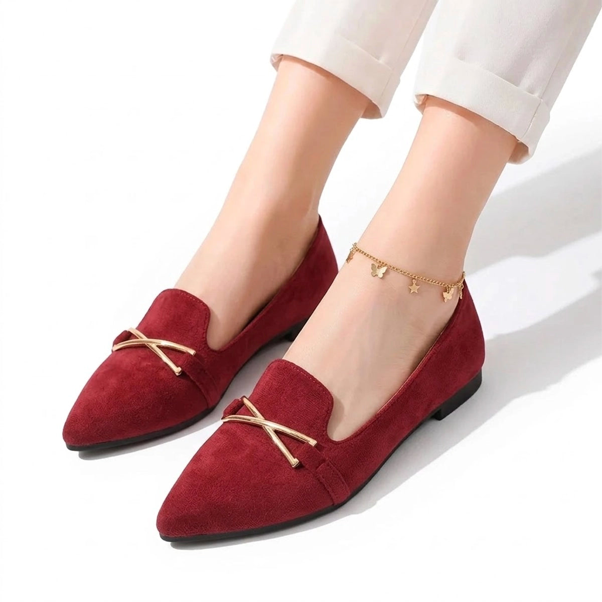 Women's Pointed Toe Flat Shoes with Metallic Crossbar Detail