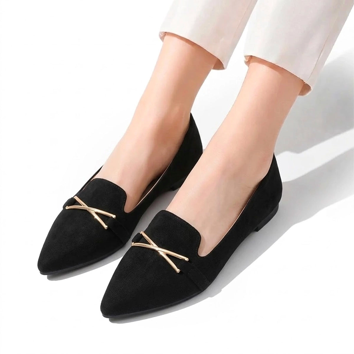 Women's Pointed Toe Flat Shoes with Metallic Crossbar Detail