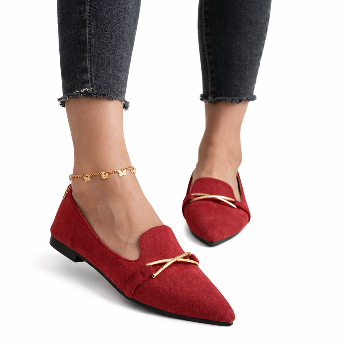 Women's Pointed Toe Flat Shoes with Metallic Crossbar Detail