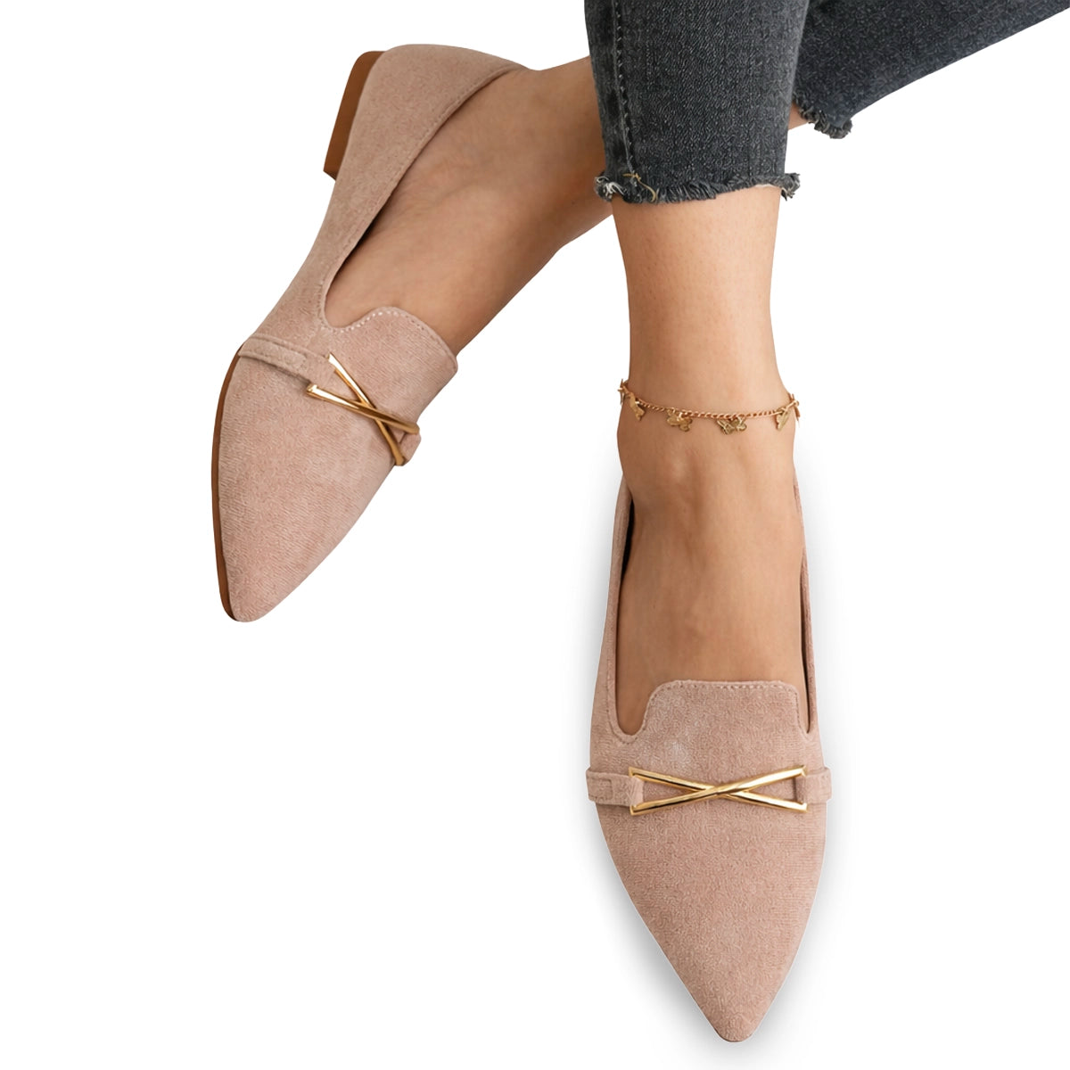 Women's Pointed Toe Flat Shoes with Metallic Crossbar Detail