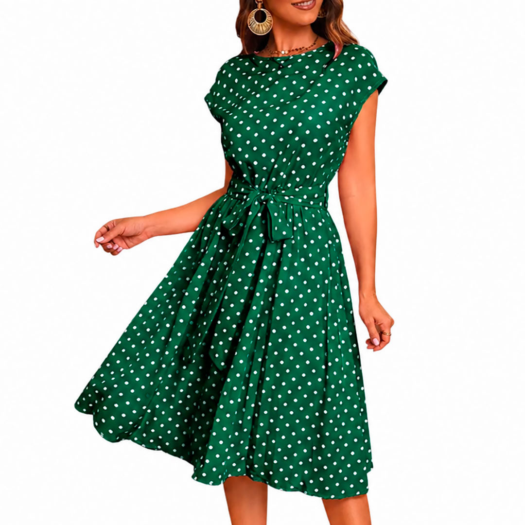 Women's Polka Dot A-Line Midi Dress with Self-Tie Belt