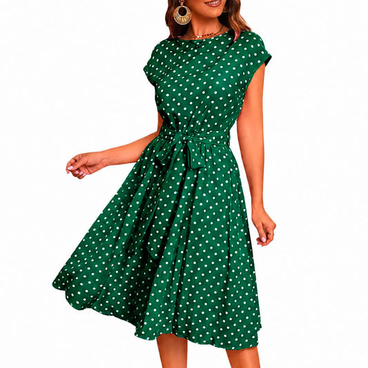 Women's Polka Dot A-Line Midi Dress with Self-Tie Belt