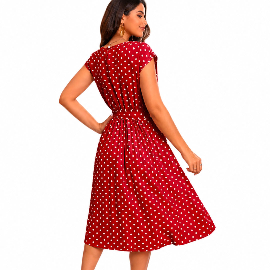 Women's Polka Dot A-Line Midi Dress with Self-Tie Belt
