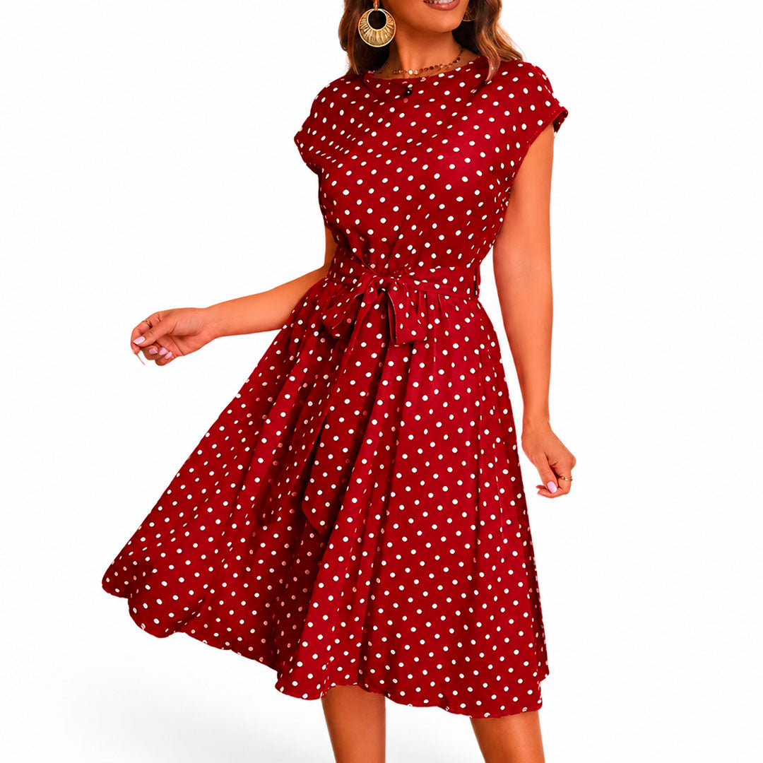 Women's Polka Dot A-Line Midi Dress with Self-Tie Belt