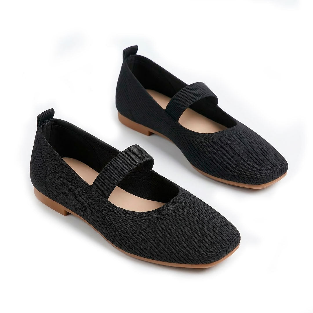 Women's Ribbed Knit Flat Mary Jane Shoes with Square Toe