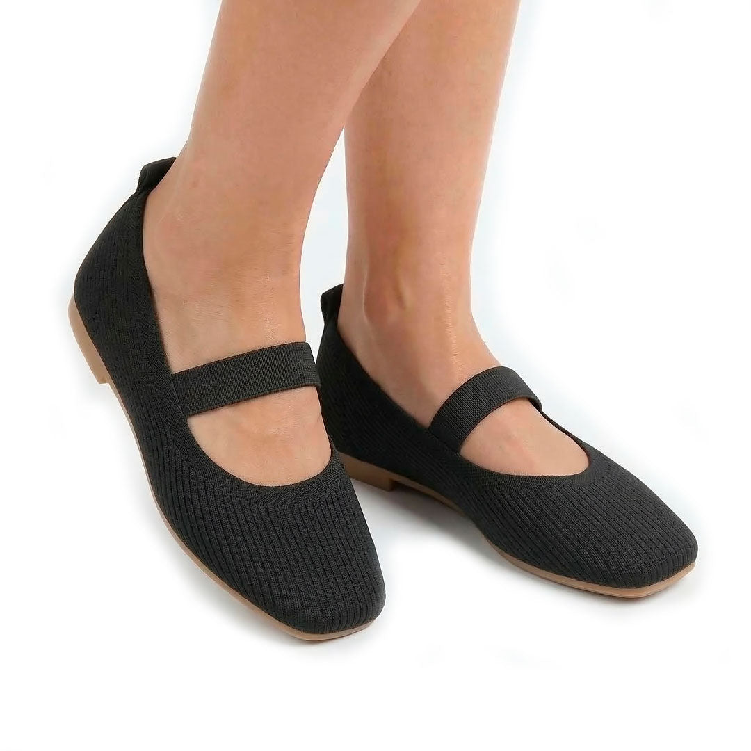 Women's Ribbed Knit Flat Mary Jane Shoes with Square Toe
