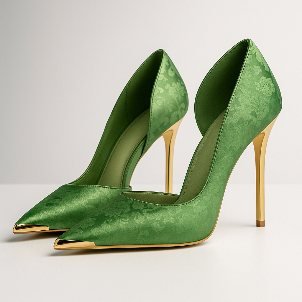 Women's Satin Jacquard Stiletto Heels with Metallic Gold Tip