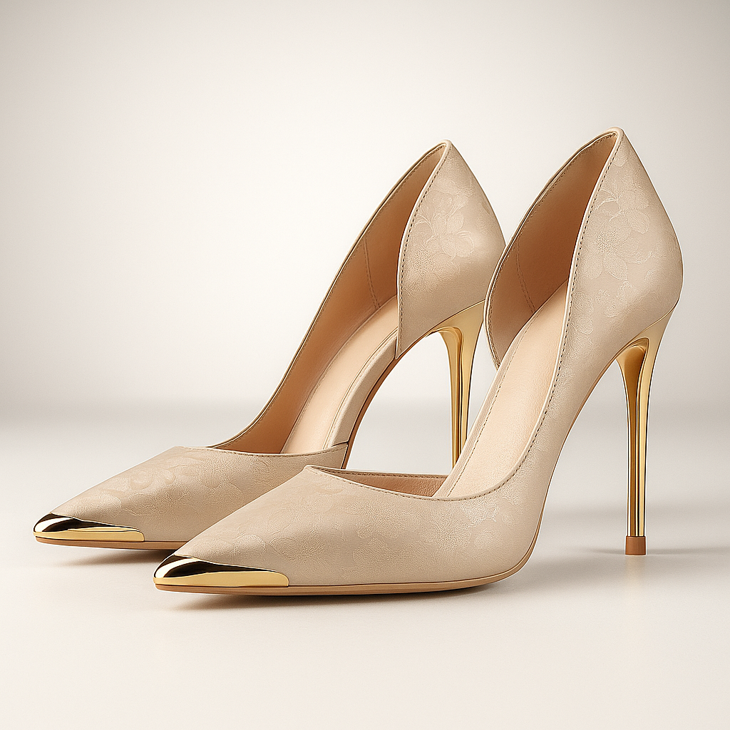 Women's Satin Jacquard Stiletto Heels with Metallic Gold Tip