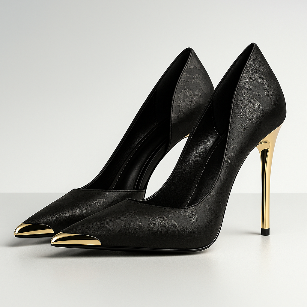 Women's Satin Jacquard Stiletto Heels with Metallic Gold Tip